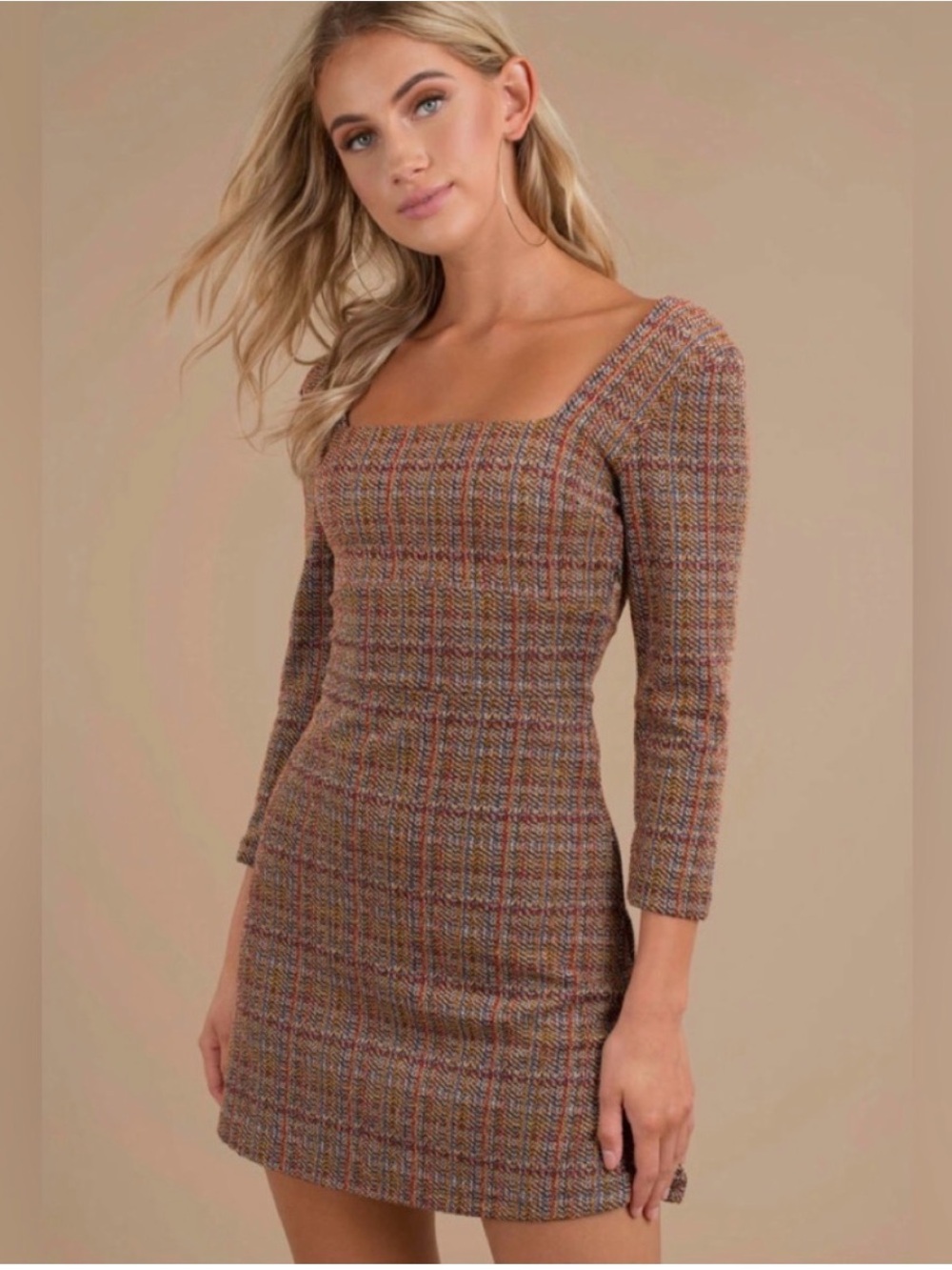 NWT Free People Uptown GirlSquare Neck Long Sleeve Tweed Mini Dress Size 4